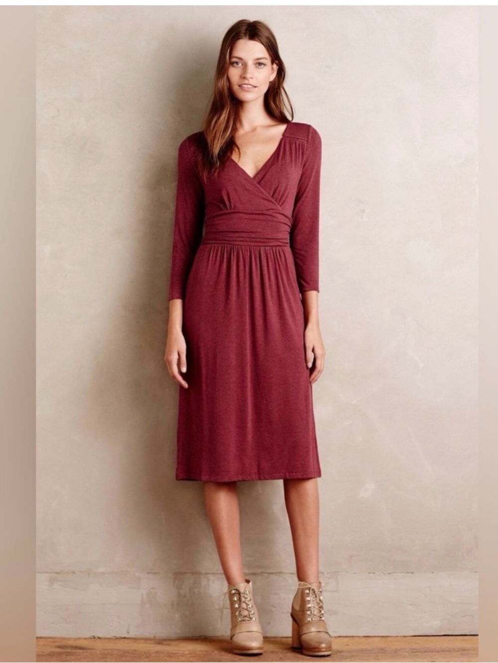 Mavi Long-Sleeve Wrap Midi Dress in Burgundy